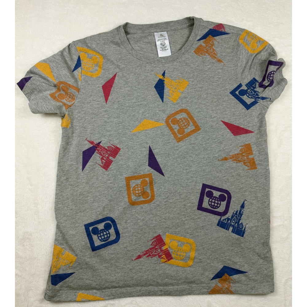 Disney Parks Mens Gray Mickey Globe Castle Geometric All Over Print T-Shirt M